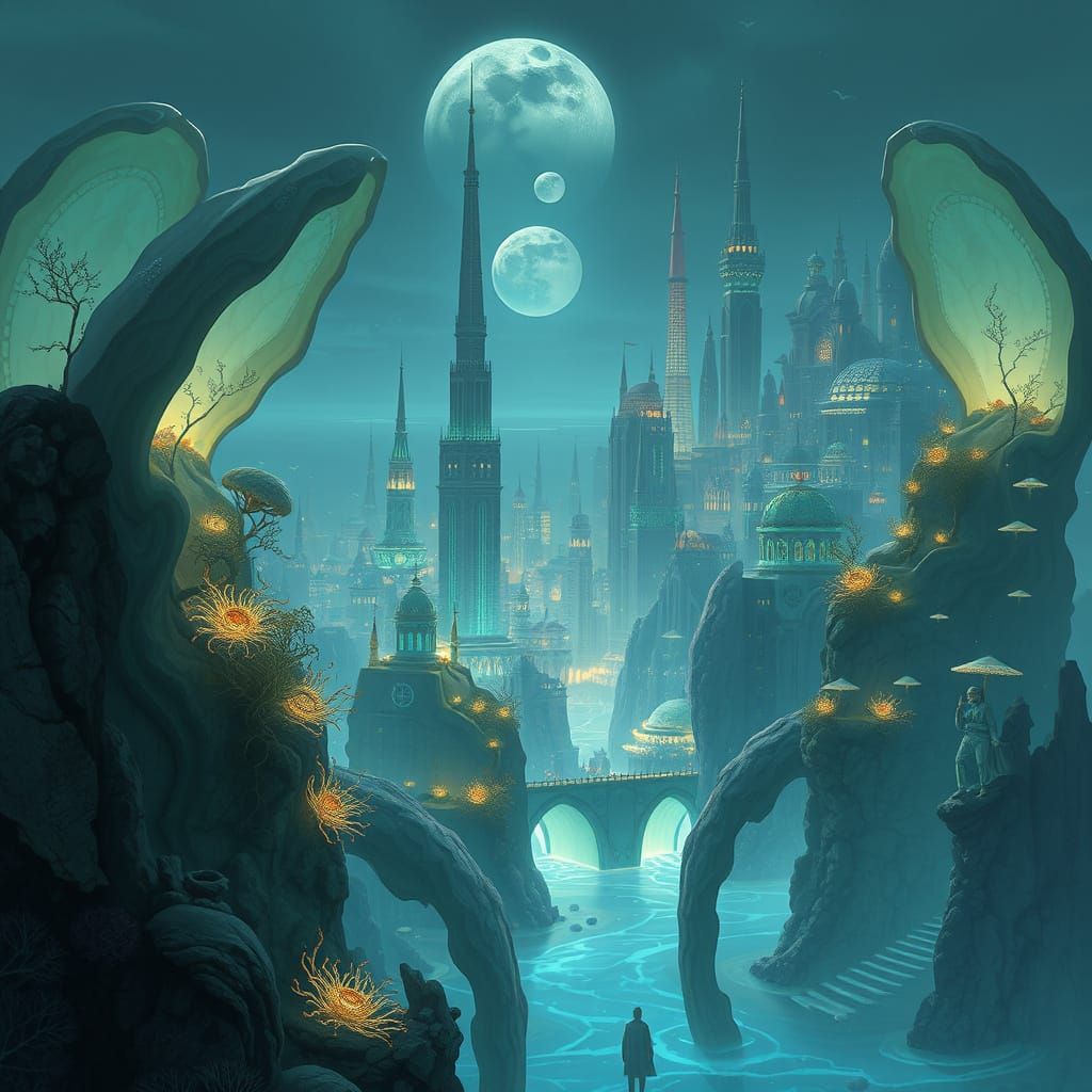 Ethereal Cityscape of Tidehold, Born from Oceanic Dreams