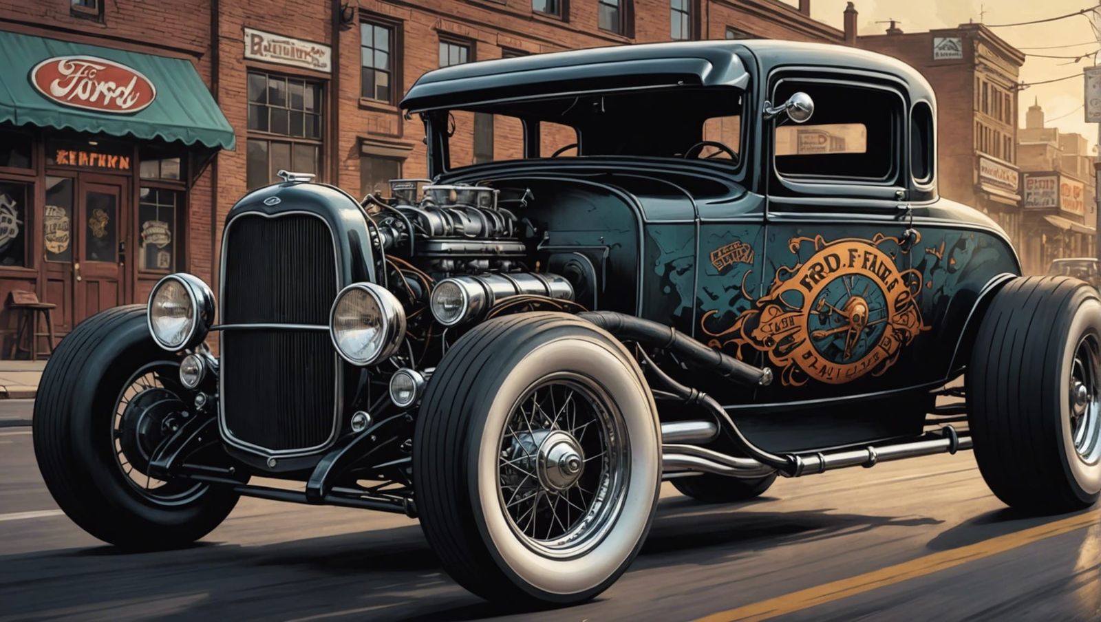 RatRod with fat tires and a visible motor, called a rat rod drawn in the style of classic RatFink