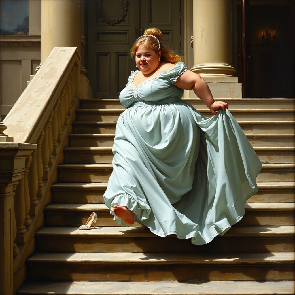 Chubby Cinderella Flees Palace in Elegant Oil Painting