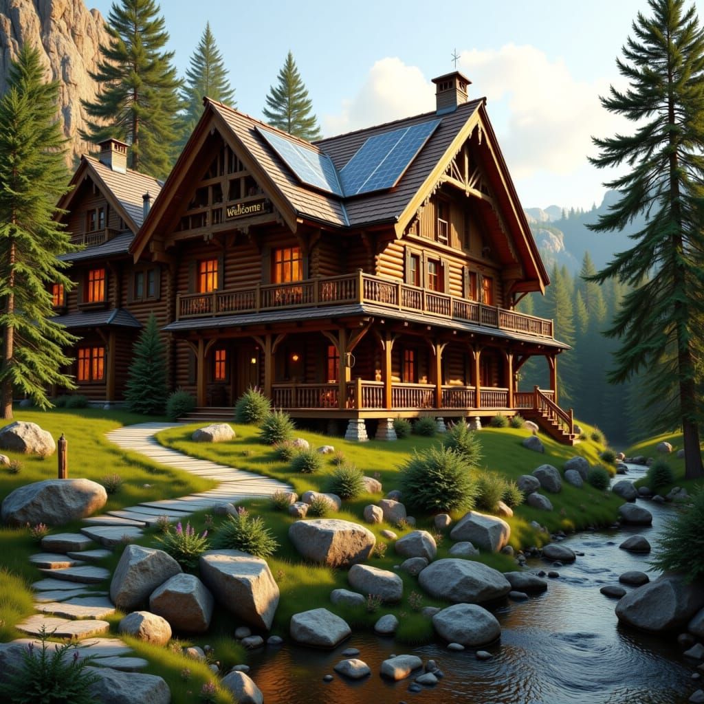 Rustic Log House with Welcome Sign in Dynamic Light