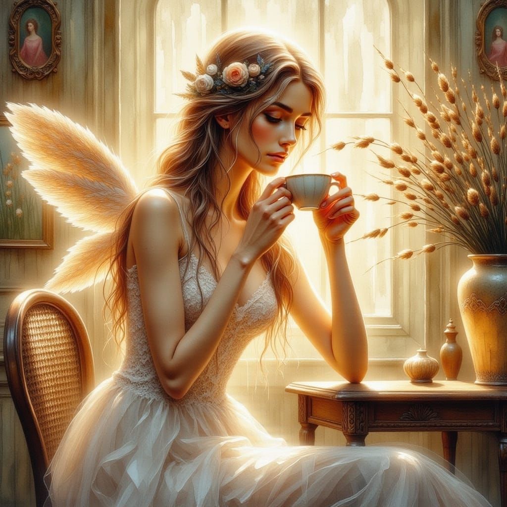 Ethereal Morning Angel Sipping Coffee in Soft Focus