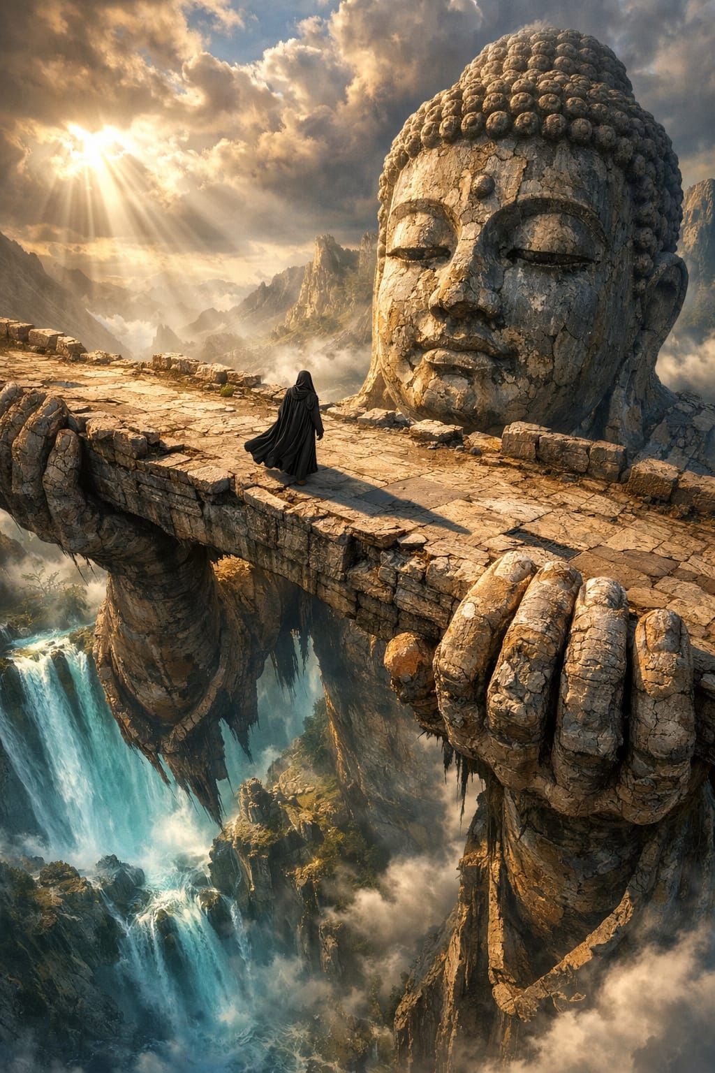 Epic Fantasy Buddha Statue Supports Sky Bridge