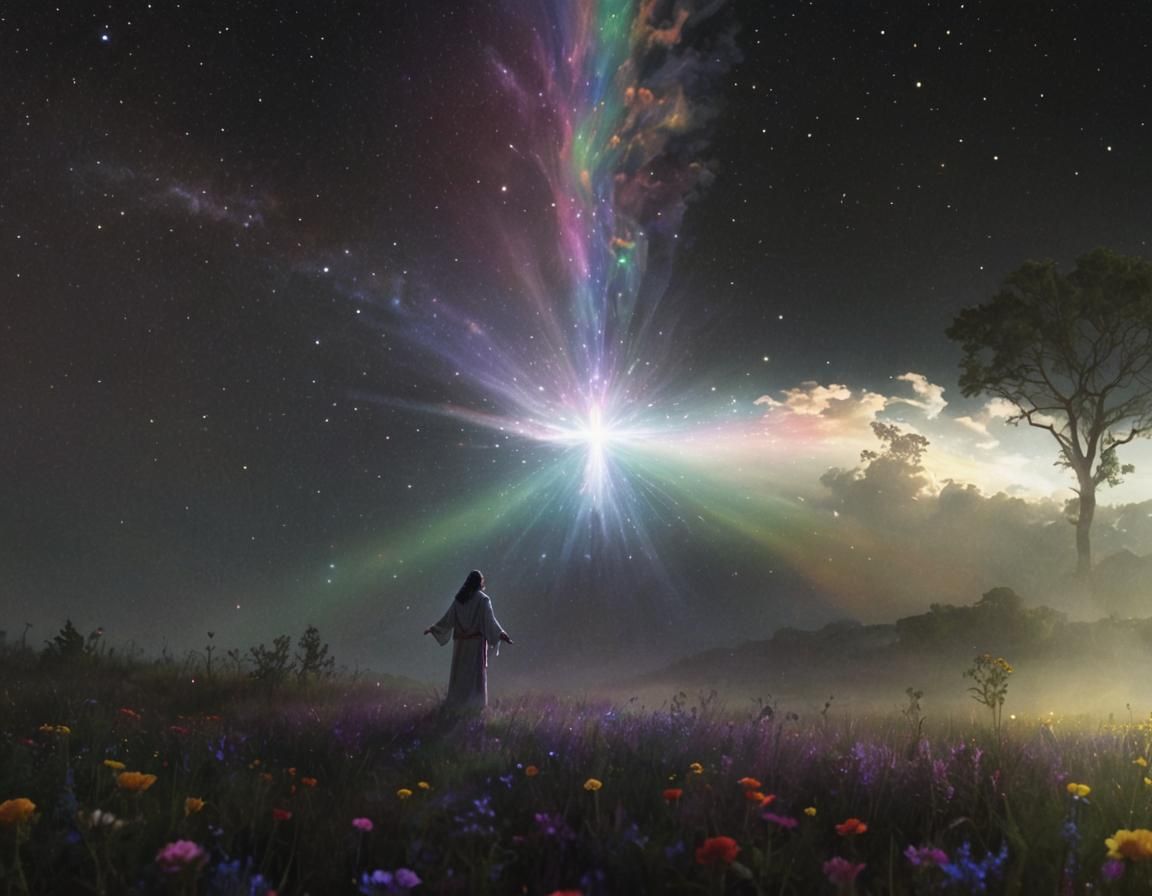 Djinn Jesus in Rainbow Field Under Starry Sky