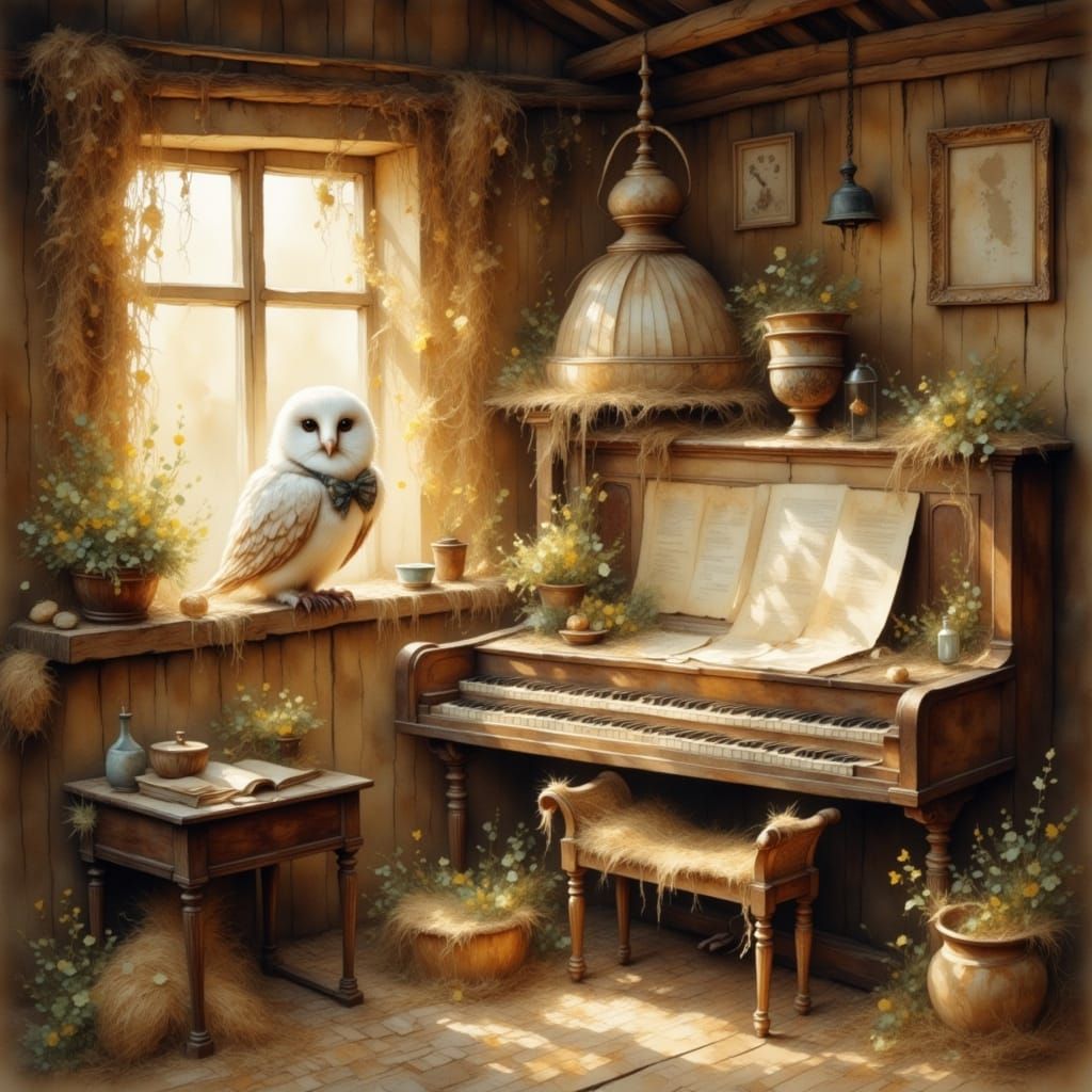 Owl at Piano in Barn, Painterly Whimsical Style