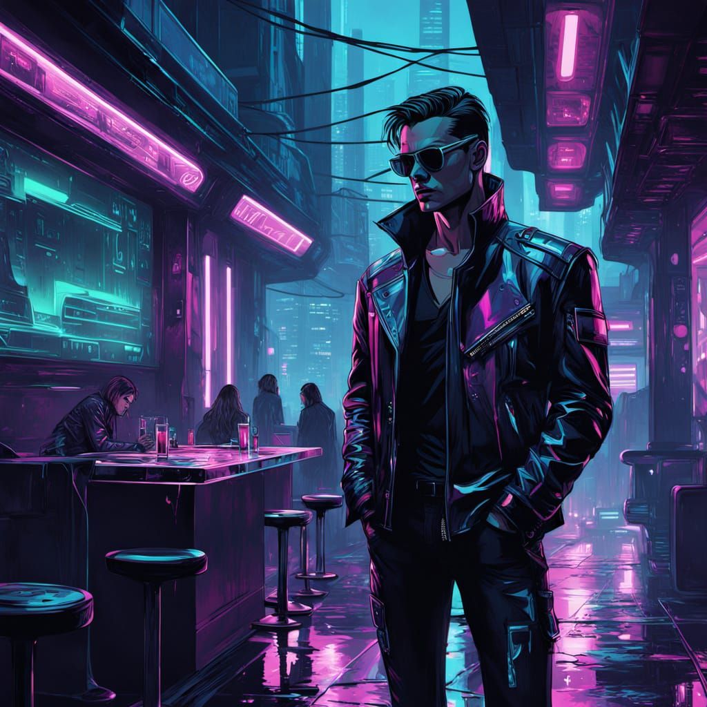 Cyberpunk Vampire in Neon Lit Cafeteria