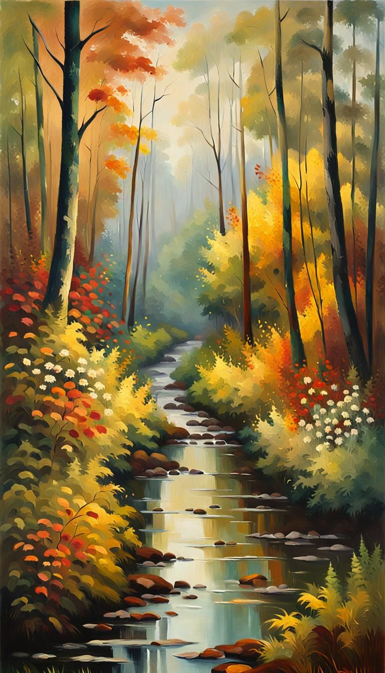 Amazonian Autumn Forest Path: A Vibrant Oil Painting