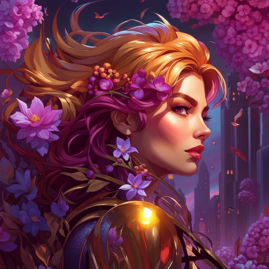 Sunset Shimmer Cyberpunk Portrait with Flowers and Snow