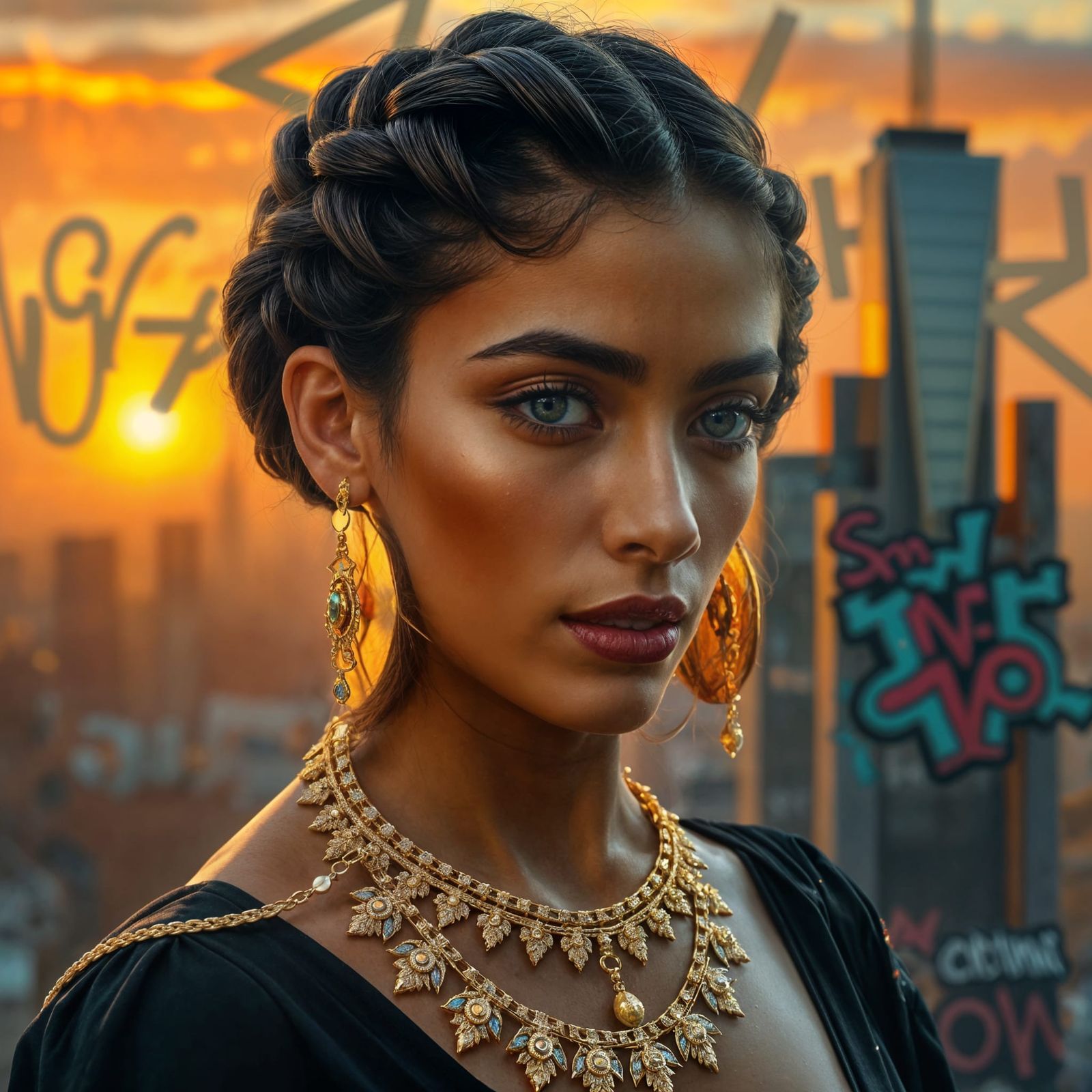 Woman with Gold Jewelry in Hyperrealistic Splash Art