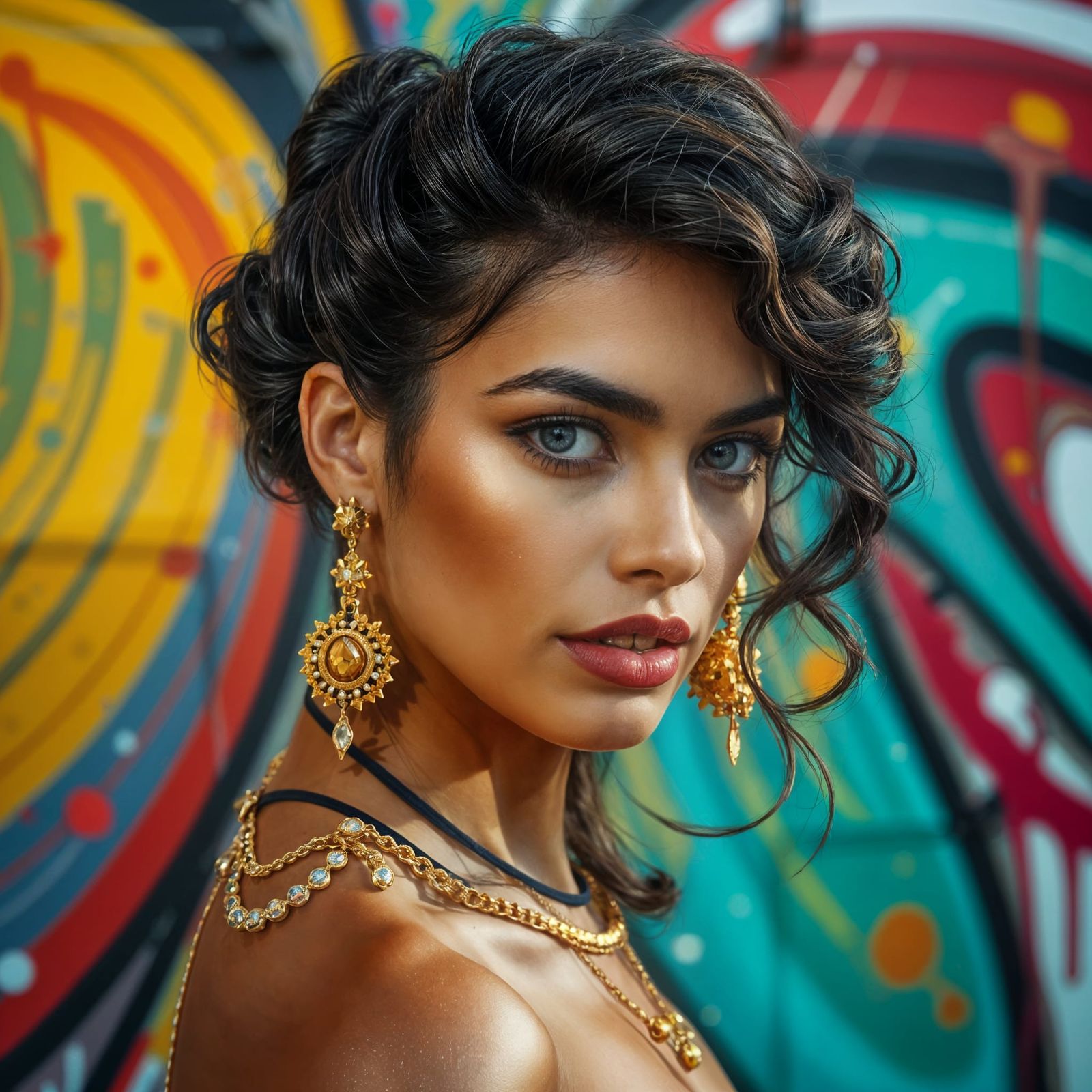 Woman with Gold Jewelry in Hyperrealistic Splash Art