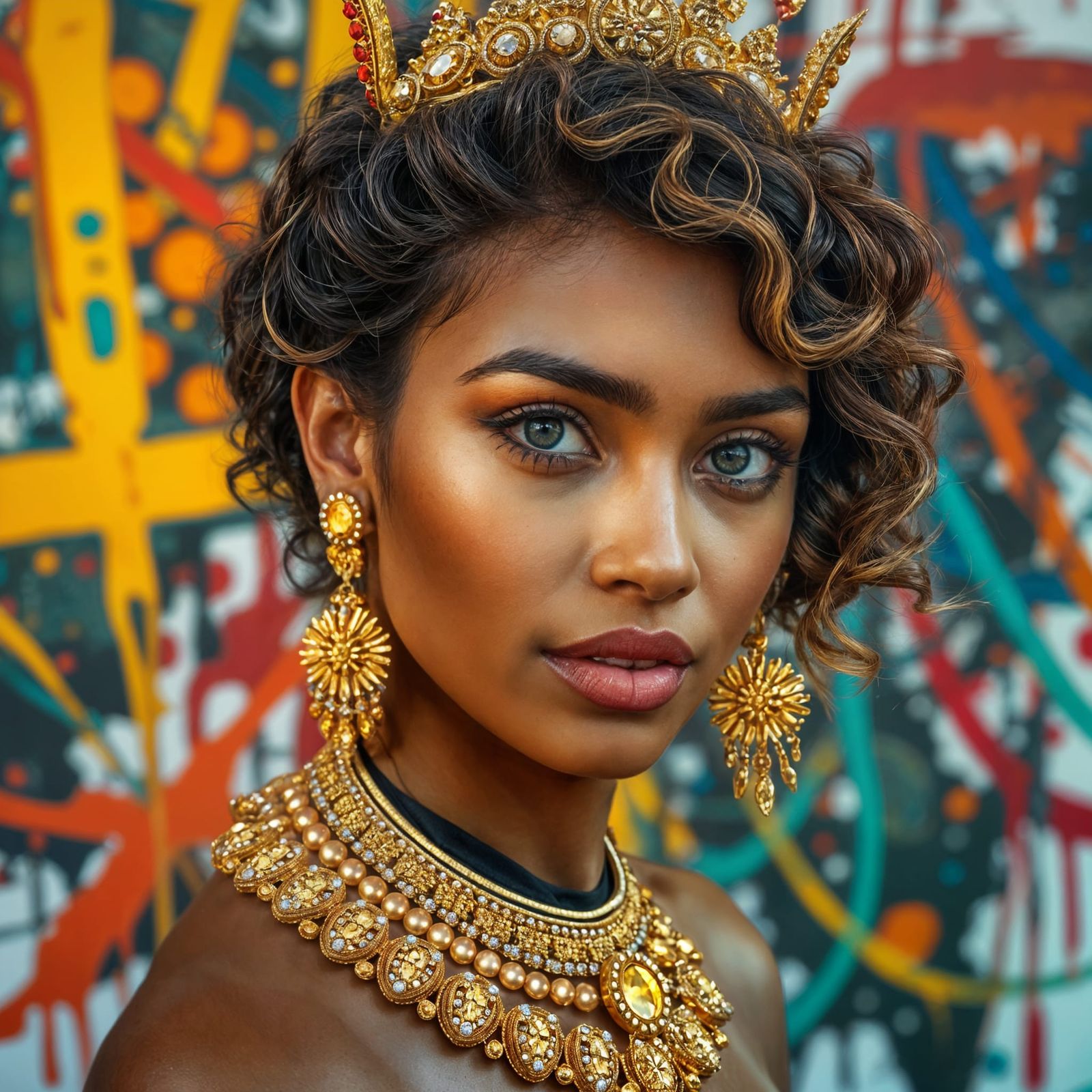 Woman with Gold Jewelry in Hyperrealistic Splash Art
