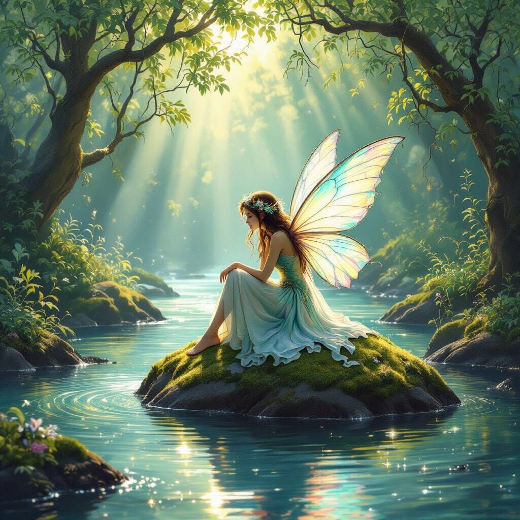 Ethereal Fairy on River Rock in Painterly Style