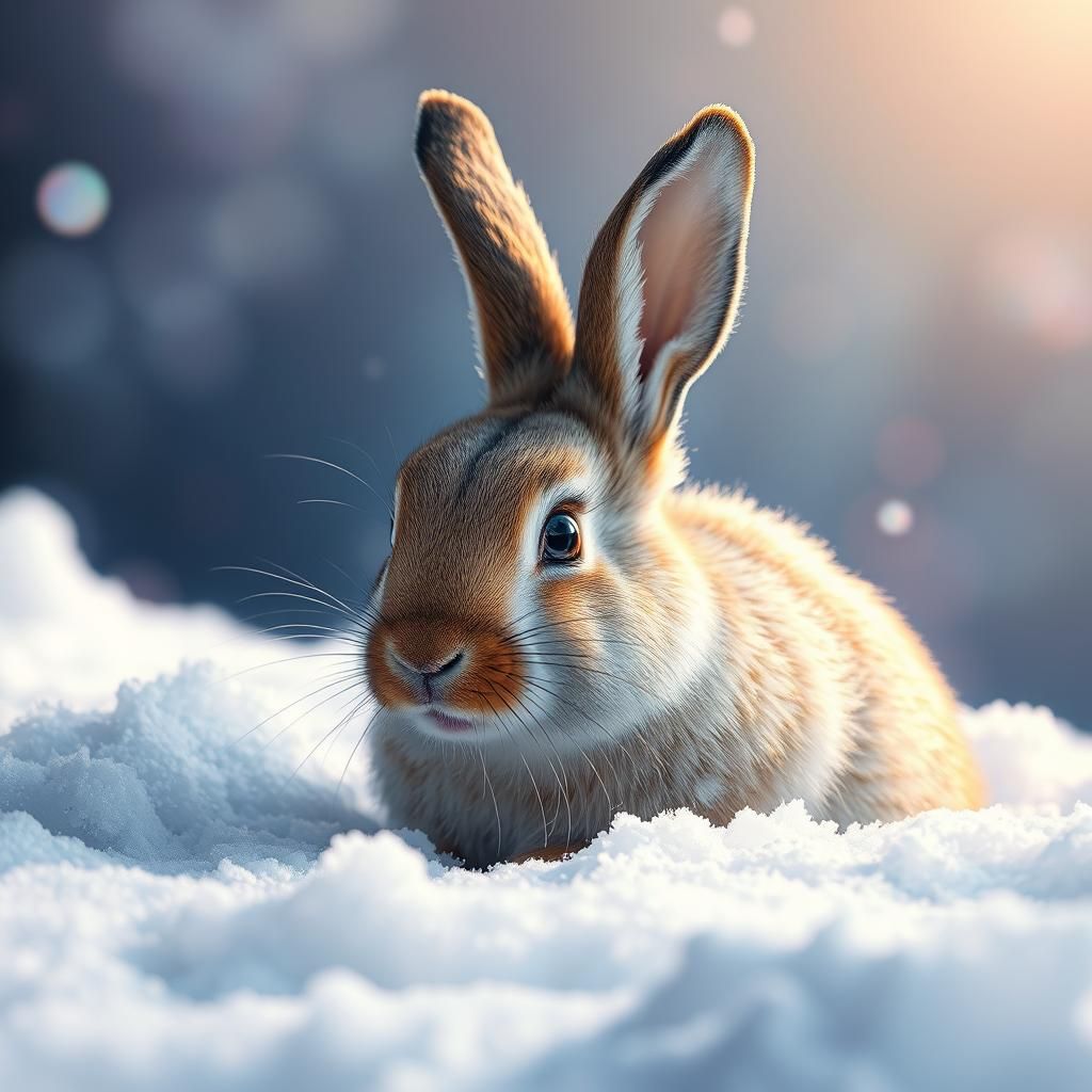Hyperrealistic Bunny in Snow with Colorful Background
