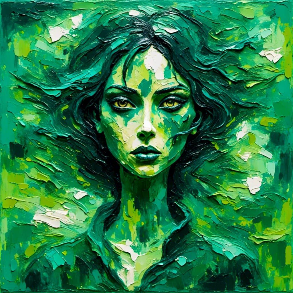 Envy Portrait with Green Eyes in Impasto Style
