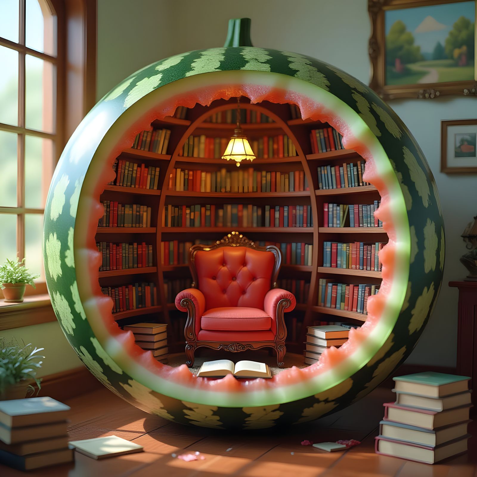 Miniature Library Inside Watermelon, Fantasy Illustration