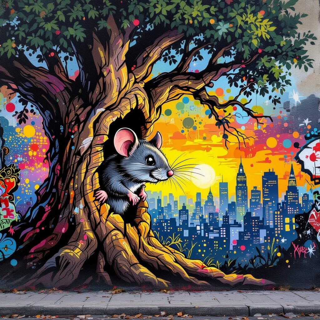 Vibrant Street Art Mural of a Mouse Behind an Ancient Tree