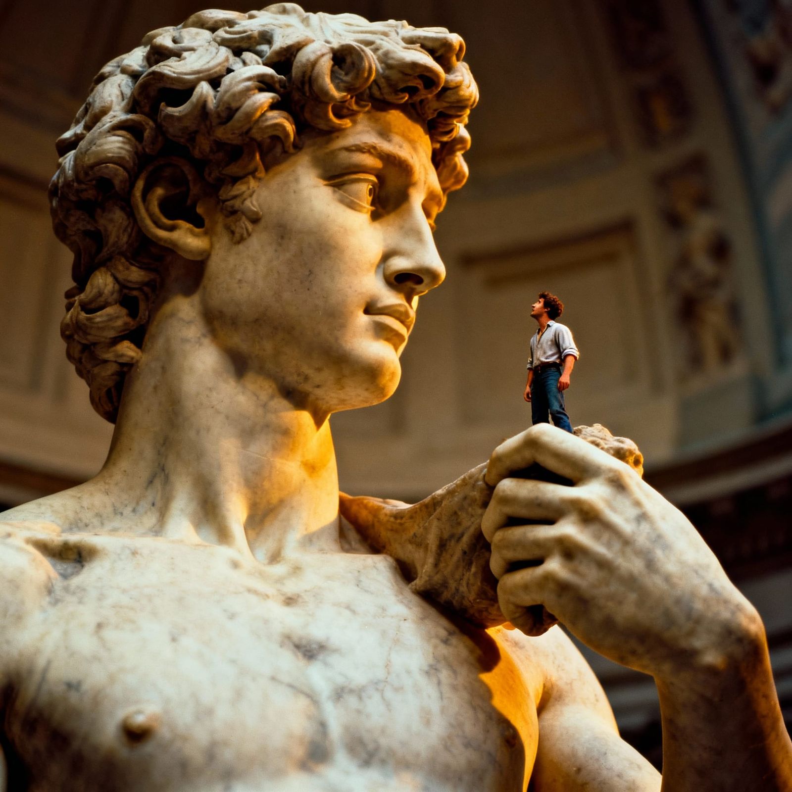 Michelangelo's David Holding Tiny Man Cinematic Film Still