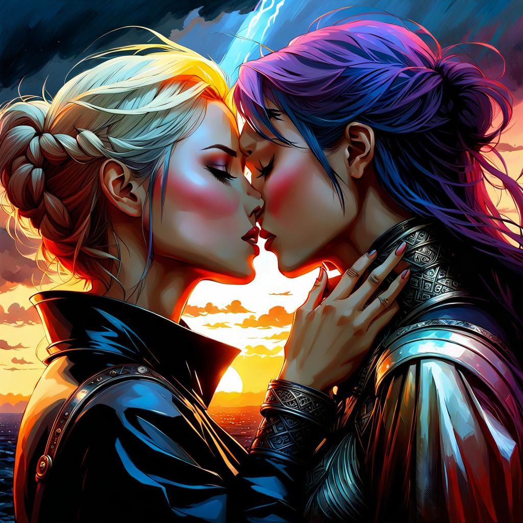 Passionate Lesbian Kiss in Stormy Fantasy Landscape