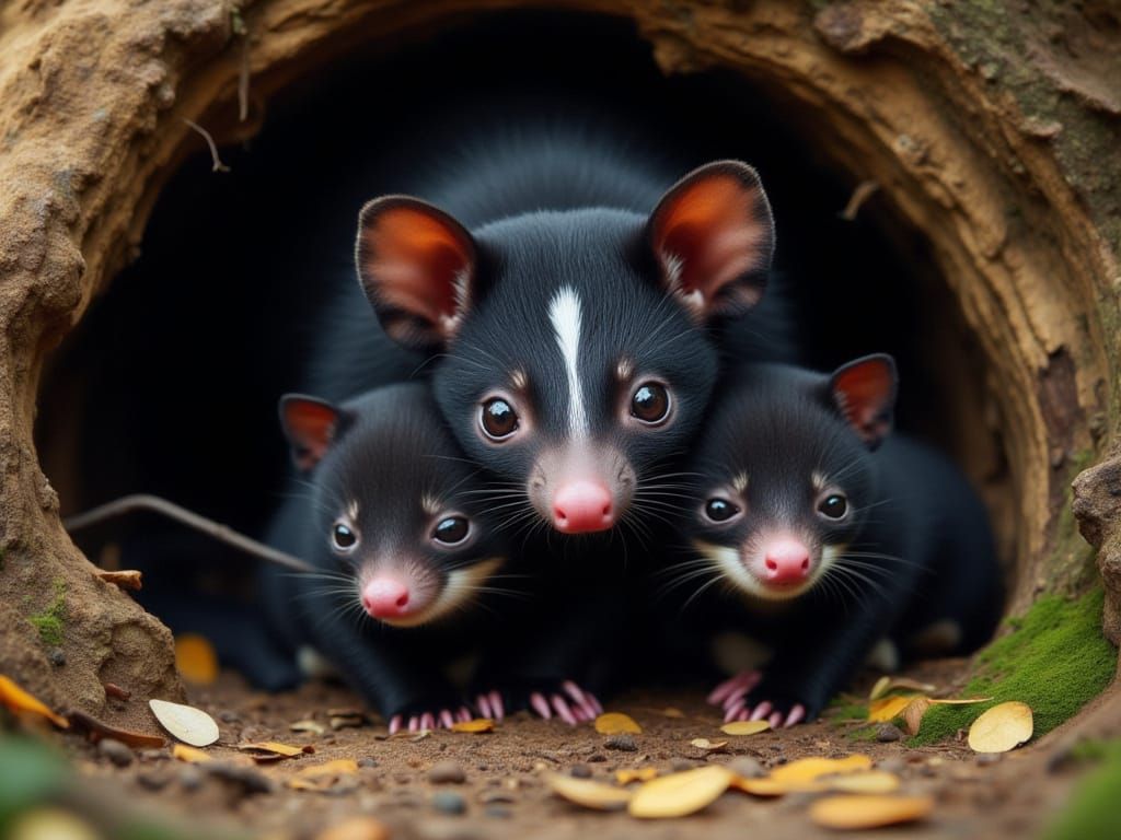 Tasmanian Devil Mother and Joeys in Eucalyptus Forest