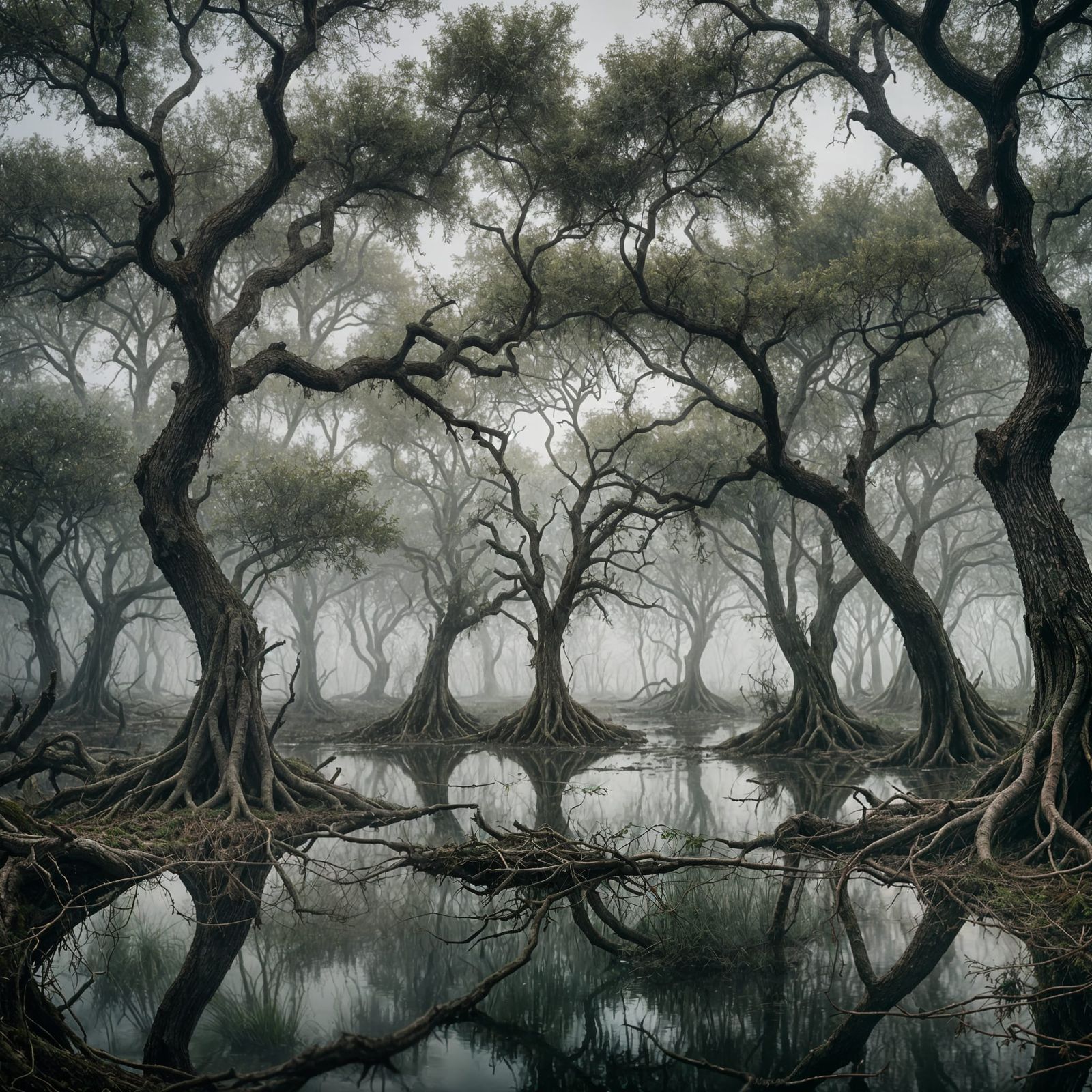 Eerie Cypress Trees in Foggy Swamp Photo