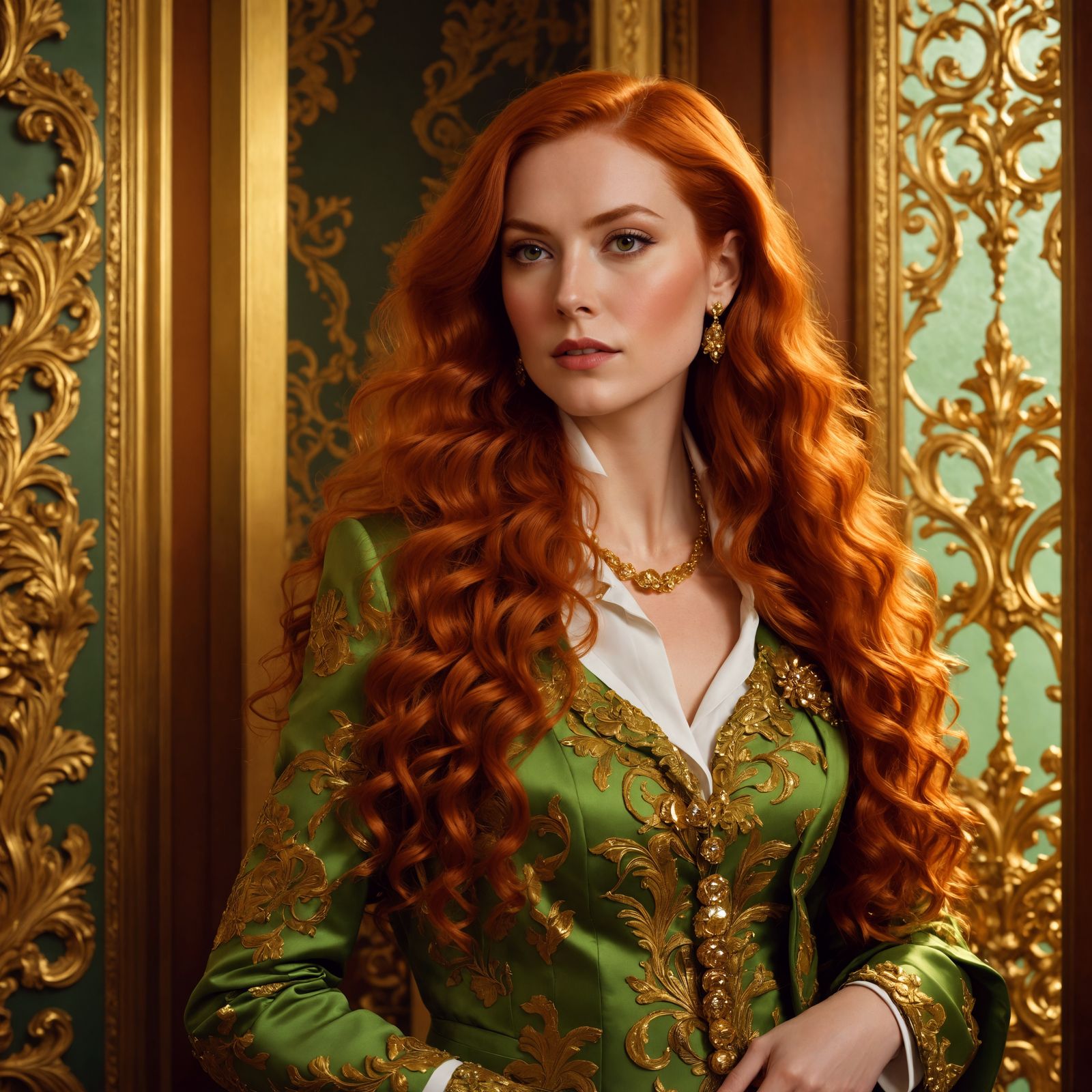 Woman in Green Suit in Opulent Interior