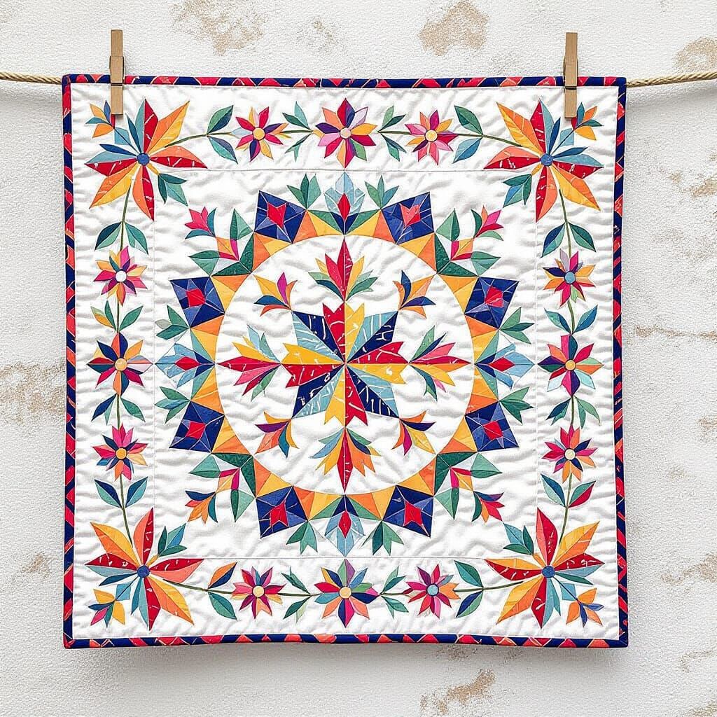 Vibrant Wedding Ring Quilt in Naive Art Style