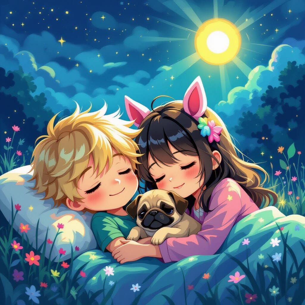 Anime Couple Sleeps with Pug Puppy in Mystical Night