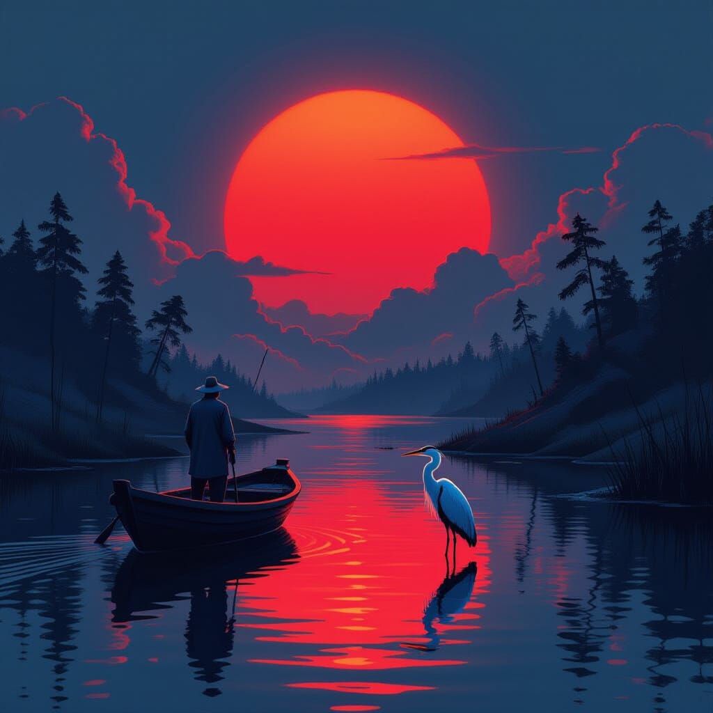 Glowing Sunset Over Swamp with Fisherman and Heron