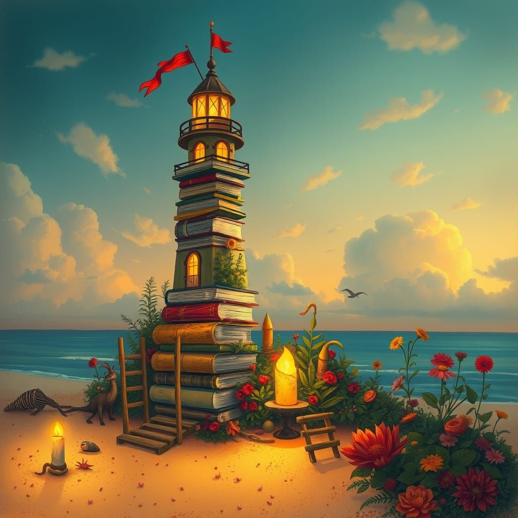 Magical Book Lighthouse on a Whimsical Beach