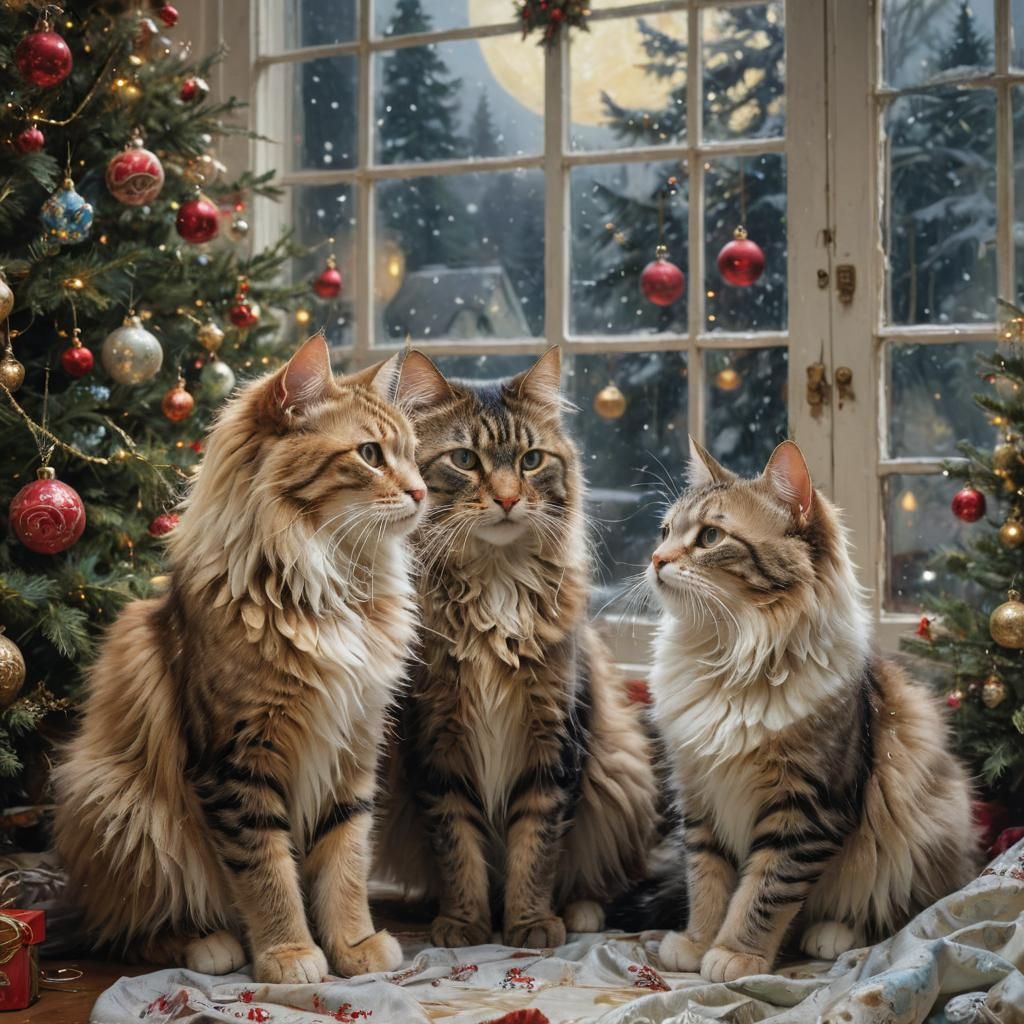 Two Majestic Longhaired Cats Amidst a Vibrant Christmas Scen...