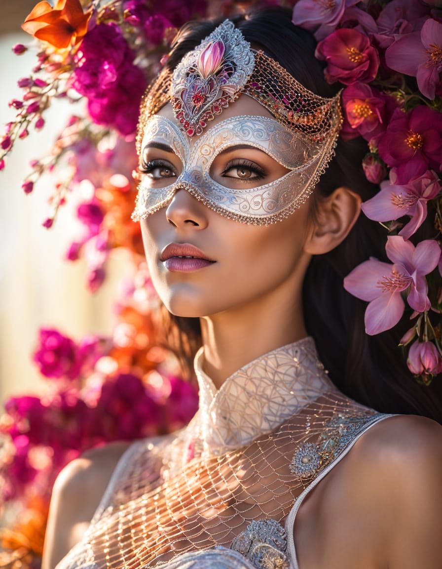 Woman in Whimsical Mask Hyper-Realistic Portrait