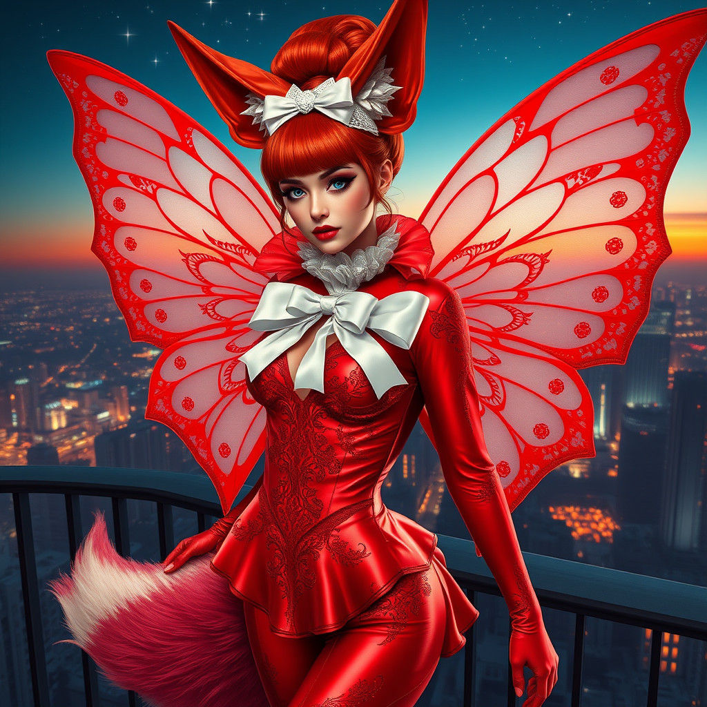 Glamorous Red Fairy in Latex Bodysuit and Ruffles