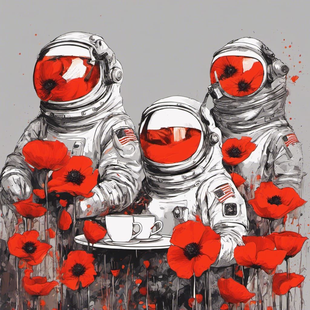 Cat Astronauts Enjoying Coffee Among Red Poppies