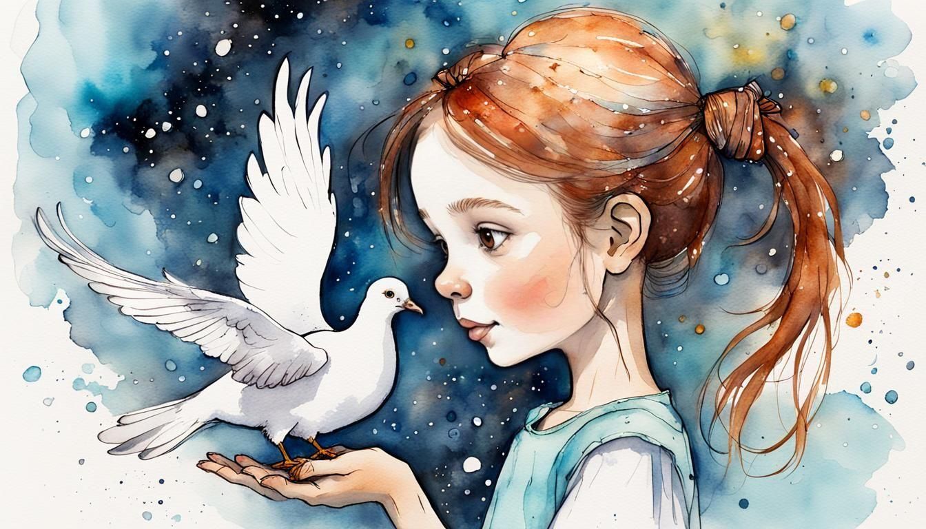 Girl with Dove: Watercolor Ink Illustration