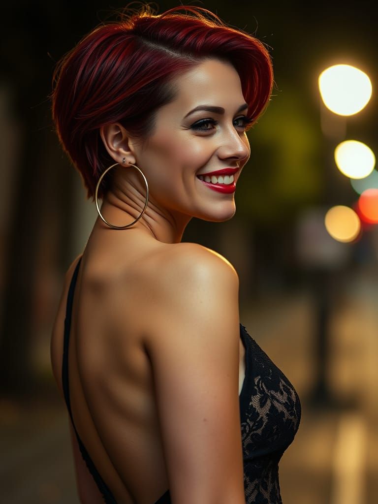 Glamorous Tattooed Woman Smiling in a Nighttime Portrait