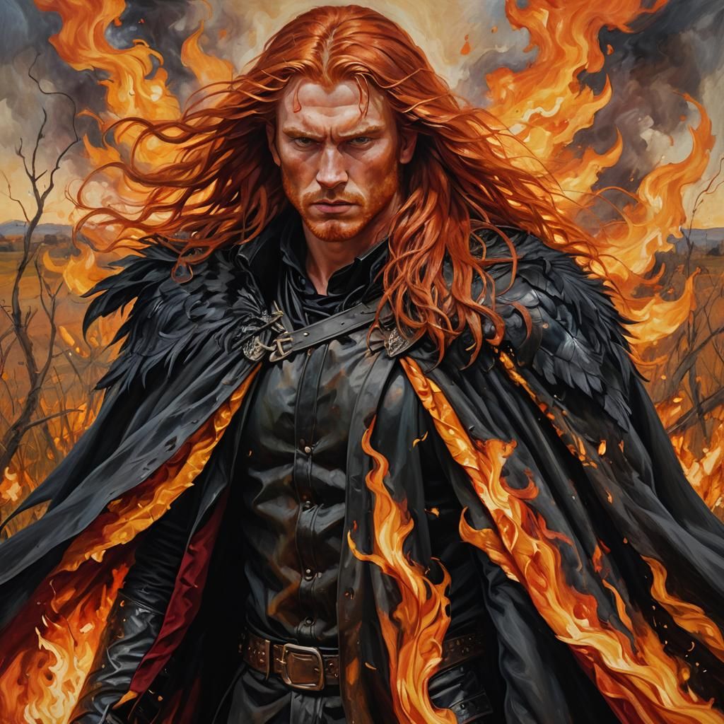 Heroic Man in Burning Field, Dramatic Oil Painting