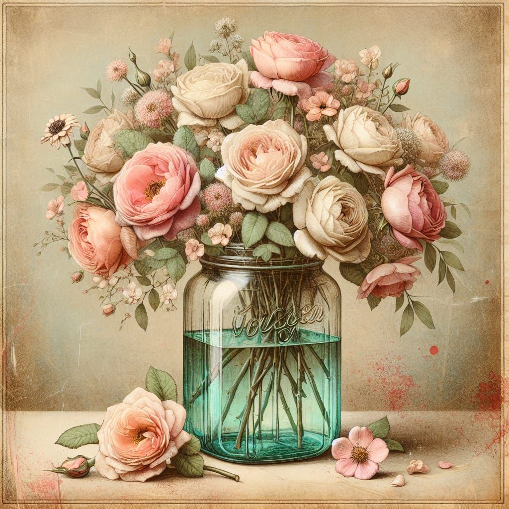 Vintage Rose Bouquet Still Life in Mixed Media