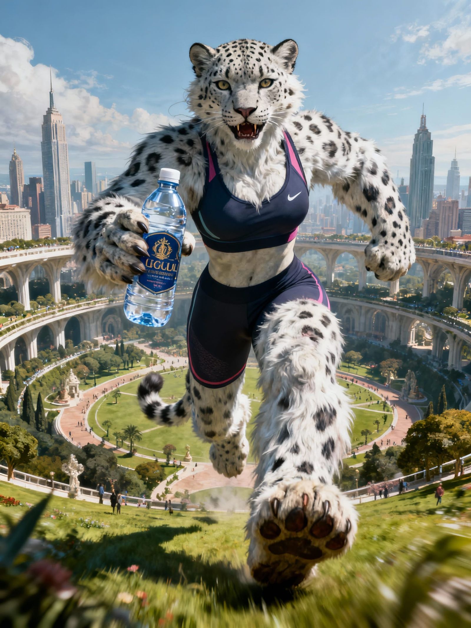 Snow Leopard in Gym Gear Runs in Utopian City Park