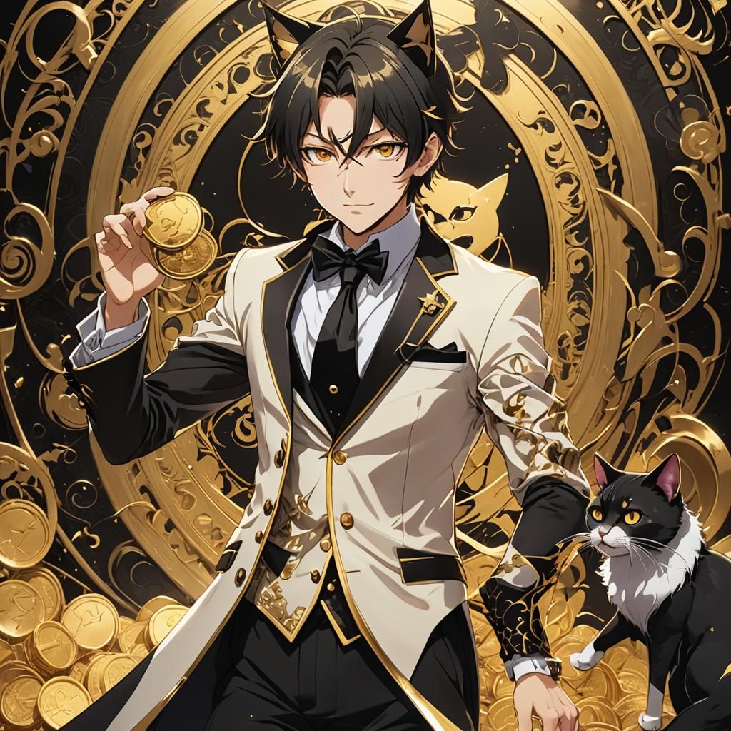 Anime Teen with Cat Features in Gold Tuxedo