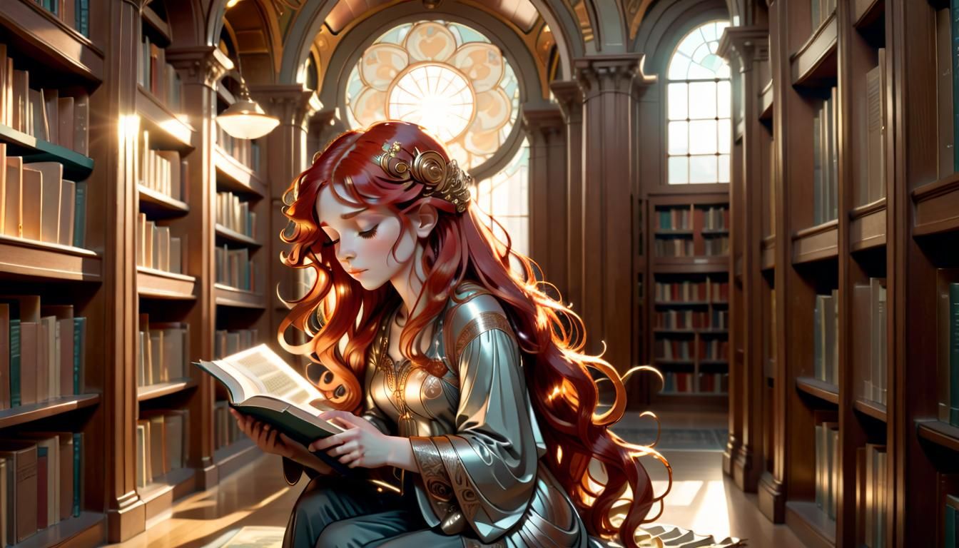 Art Nouveau Woman Reading in Library Sunlight