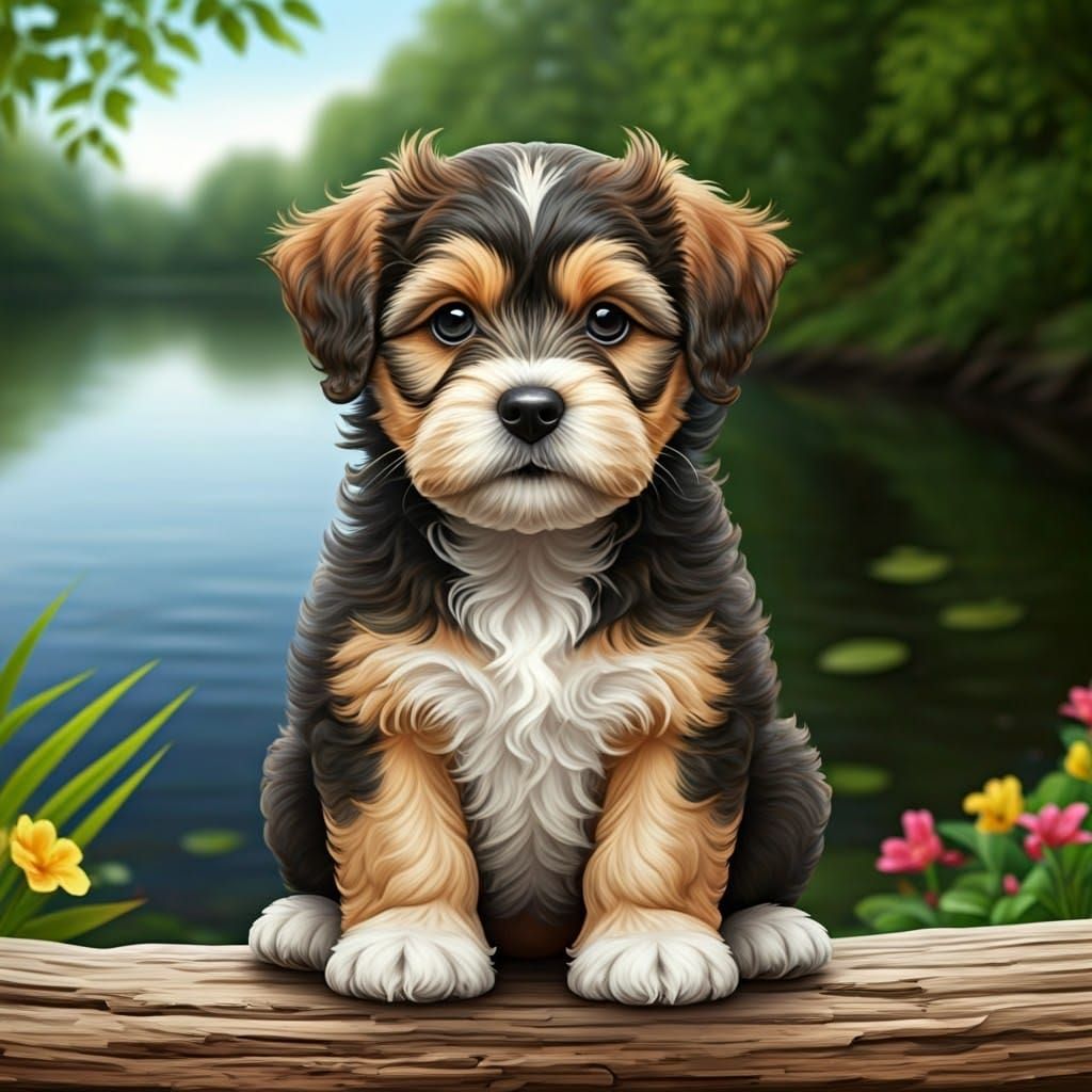 Playful Snorkie Puppy by Lake, Watercolor Style