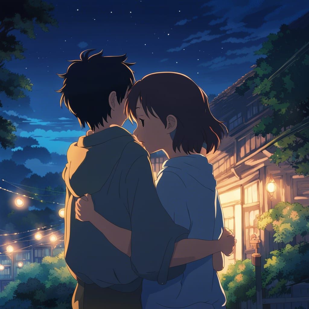 Anime Teenagers' Tender Embrace in Ghibli Style