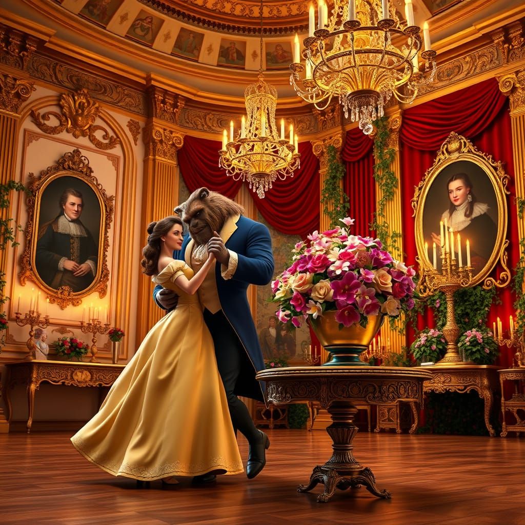 Elegant 18th-Century Ballroom Romance in Opulent Digital Art