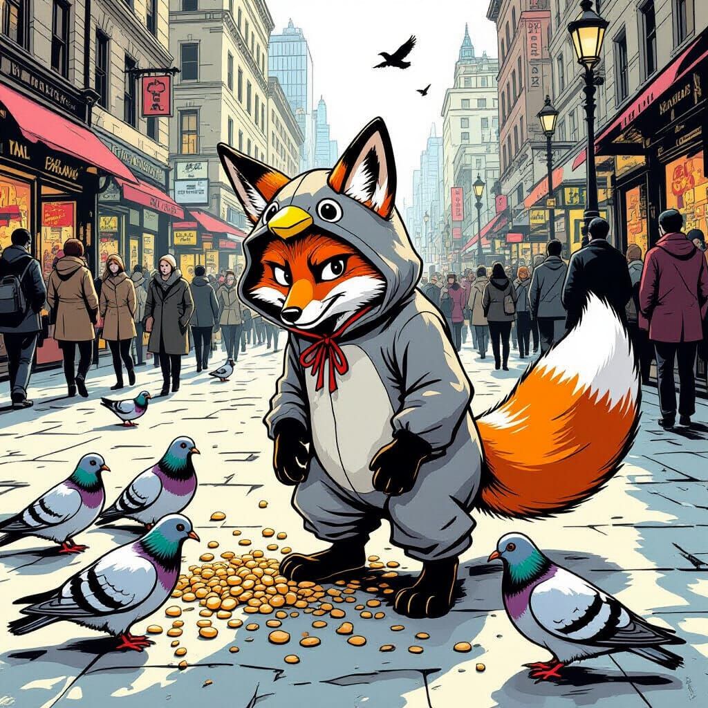 Fox in Pigeon Costume Blends With City Pigeons