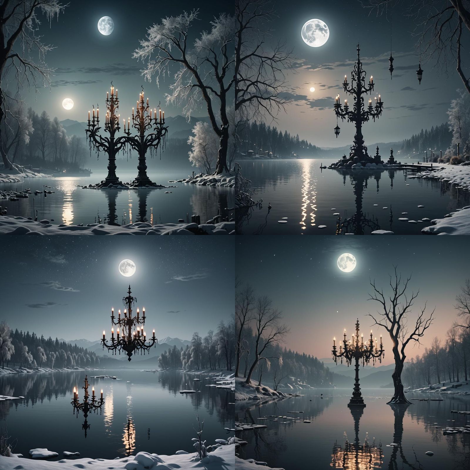 Moonlit Lake Reflection with Romantic Candelabras