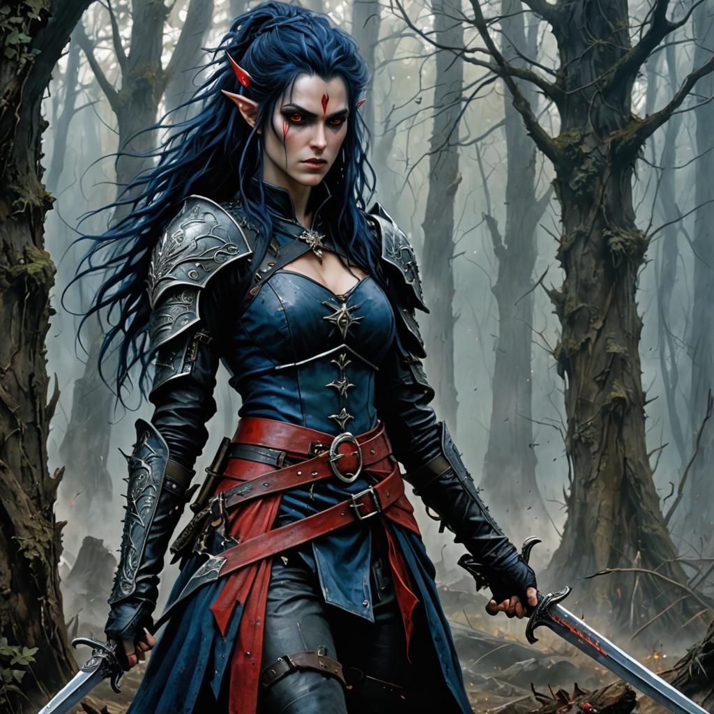 Blue Wood-Elf Assassin Armed with Daggers