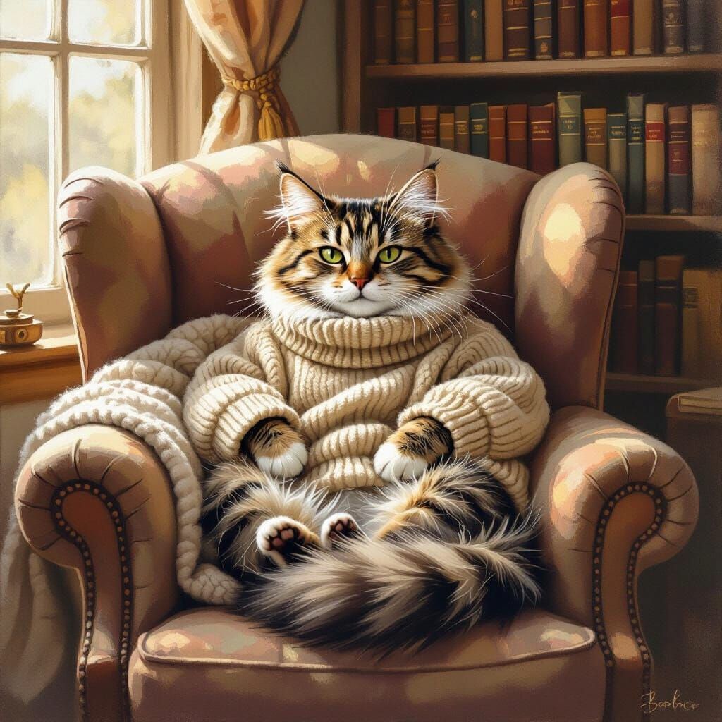 Cozy Cat in Armchair, Sunlit Reading Nook
