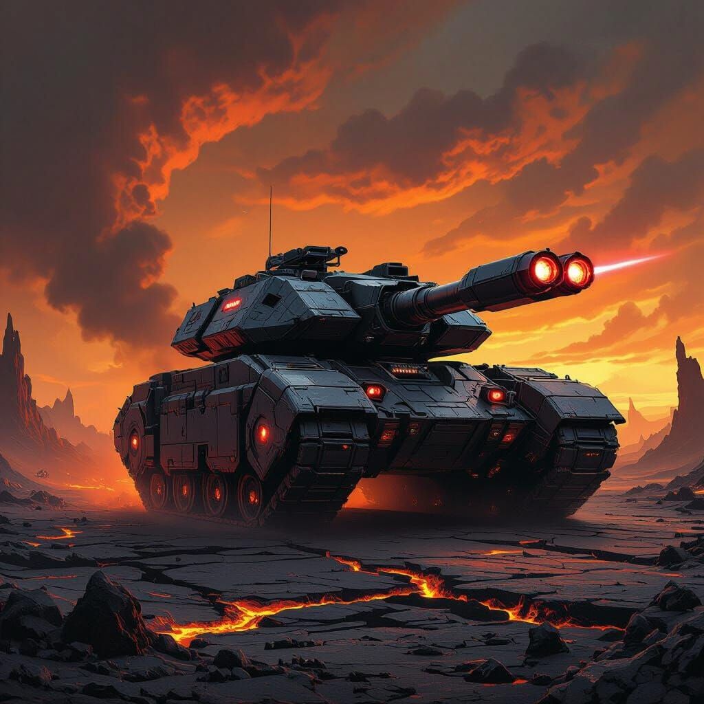 Colossal Laser Tank Advances Through Fiery Hellscape