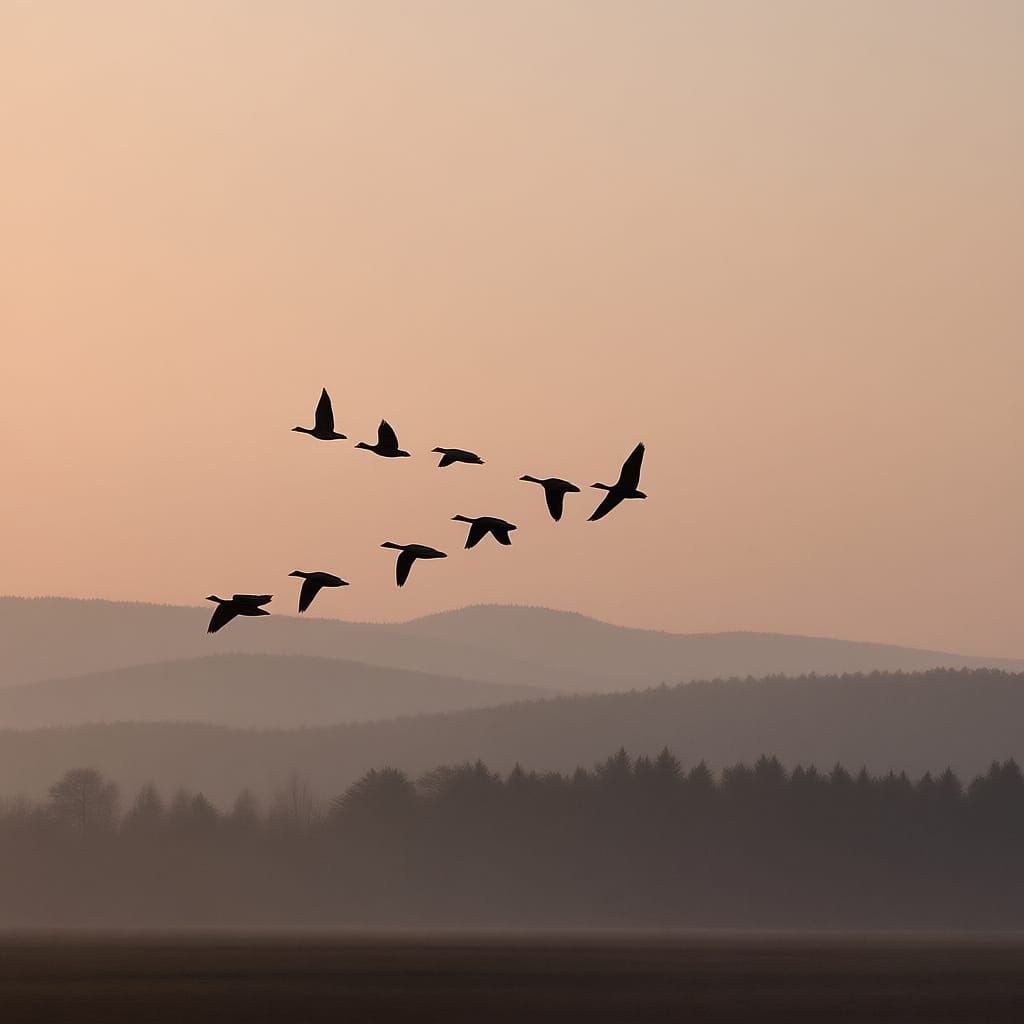Migratory Geese Fly in V Formation at Misty Dawn