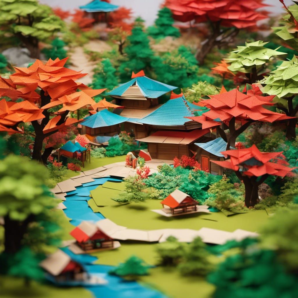 Origami Japanese Village with Origami Garden