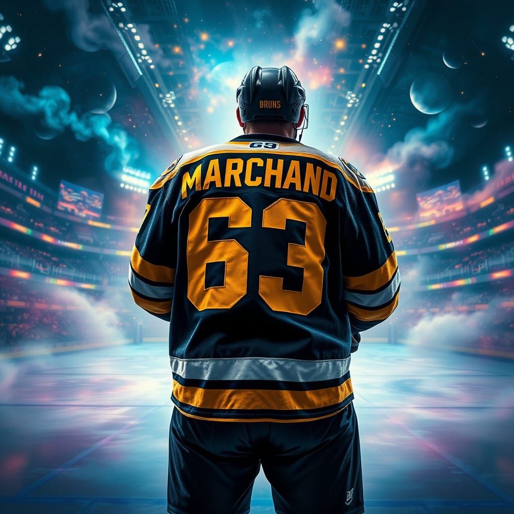 Bruins Player in Midnight Blue Jersey Against Dreamlike TD G...